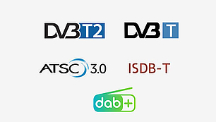 Logos of various supported broadcast standards including DVB-T2, ATSC 3.0, ISDB-T, and more.