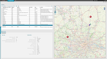 Satellite Database display in LS OBSERVER CMS Display listing all satellites in the database with their details. Additional map view showing the predicted locations of the individual satellites.