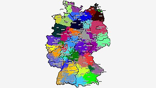 Country map displaying color-coded network planning results for analogue and digital broadcast systems.