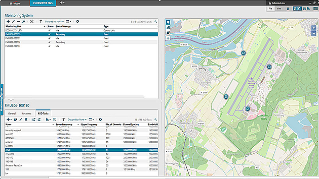Software menu which lists all connected monitoring unit and their operation status on the left side of the screen. On the right side of the screen the location of each unit is indicated on a map.